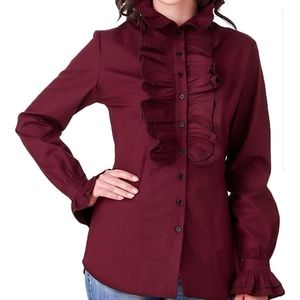 Victorian Style Standup Collar Blouse, Maroon XL